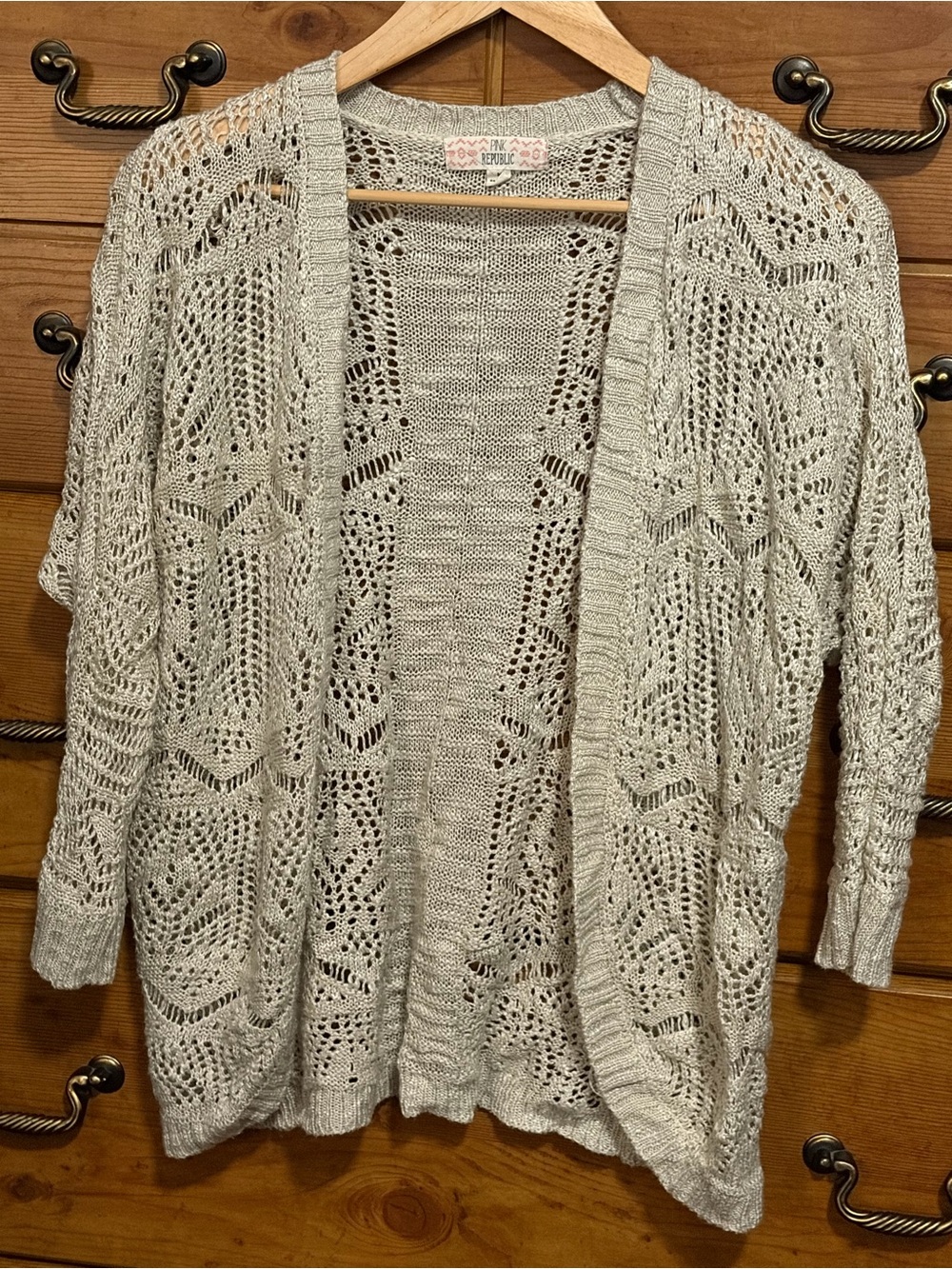 Pink Republic Soft Open-Front Crochet Cardigan Sweater - Light Gray